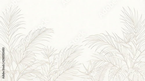 Exotic tropical palm leaves botanical illustration border on a light background. Excellent for summer event banners and tropical design projects.