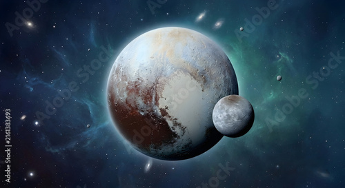 Tapety artystyczne Dwarf Planet Pluto and its Moon Charon in Deep Space Background