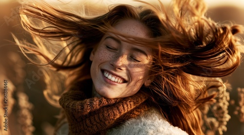 Portrait radiant young woman with flowing long wavy red ginger hair and  freckles, scarf, sweater smiling, enjoying the warm golden sunlight outdoors during a peaceful autumn day in nature breeze