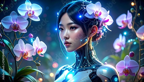 Woman with floral headpiece in vibrant blue lighting.
