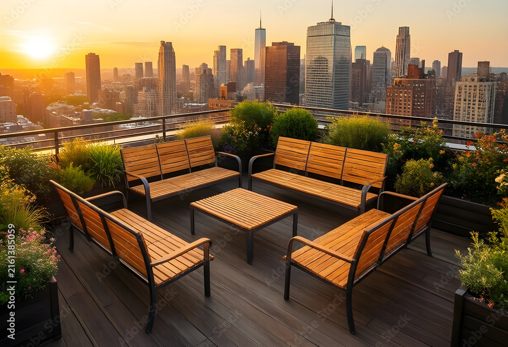 Fototapeta premium Urban rooftop garden with city skyline at sunset, outdoor living and modern architecture, sustainable design and green spaces