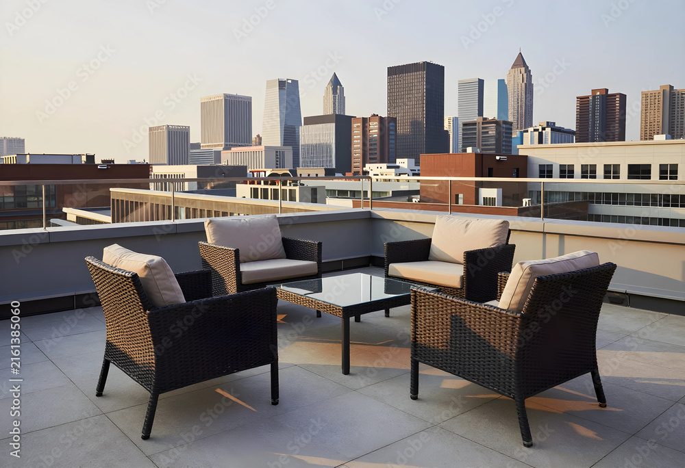 Fototapeta premium Urban rooftop lounge area with city skyline view, modern outdoor living and relaxation space for hospitality and real estate
