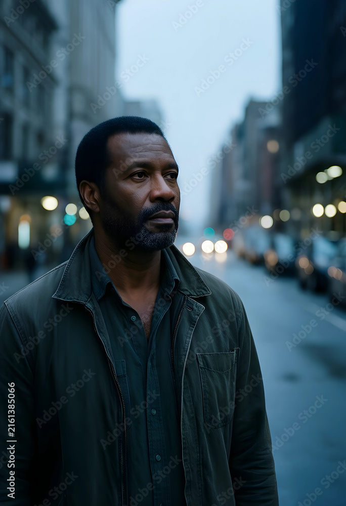 Fototapeta premium Urban solitude and contemplation, mature african american man looking away on a city street at dusk with bokeh lights