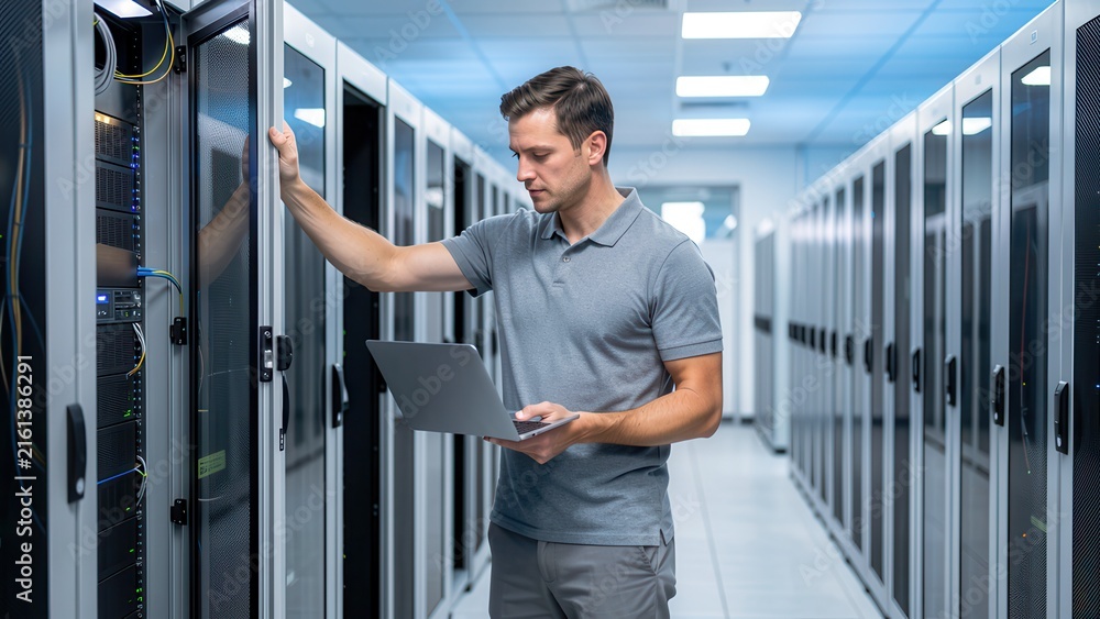 Fototapeta premium focused it administrator working with laptop inside bright advanced data center equipment maintenance professional setting