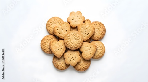 Assorted butter cookies in various shapes on white background.