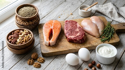 Assortment of healthy protein foods arranged on rustic wooden table.
