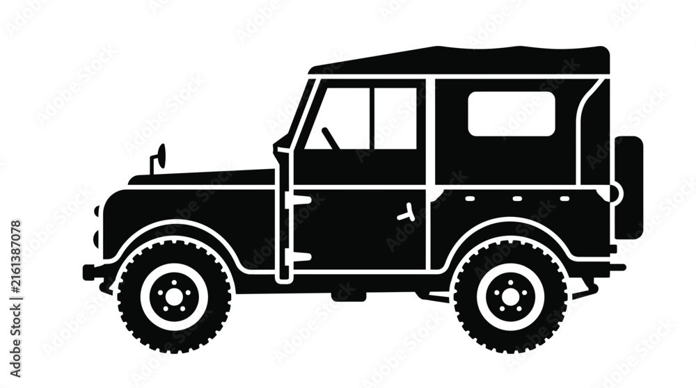 Fototapeta premium Vintage off-road 4x4 vehicle black silhouette vector icon
