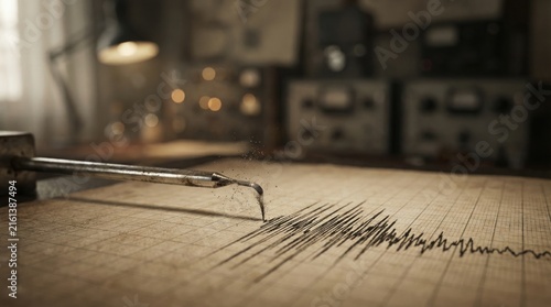 A seismograph shows lines on paper as it records vibrations from the earth in a lab filled with old equipment