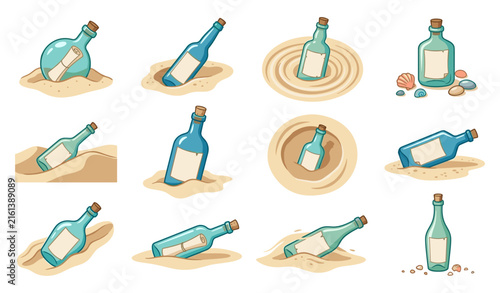 Message in a bottle vector set featuring glass bottles on sand dunes beach shore ripples and water with blank scroll paper inside for marine theme