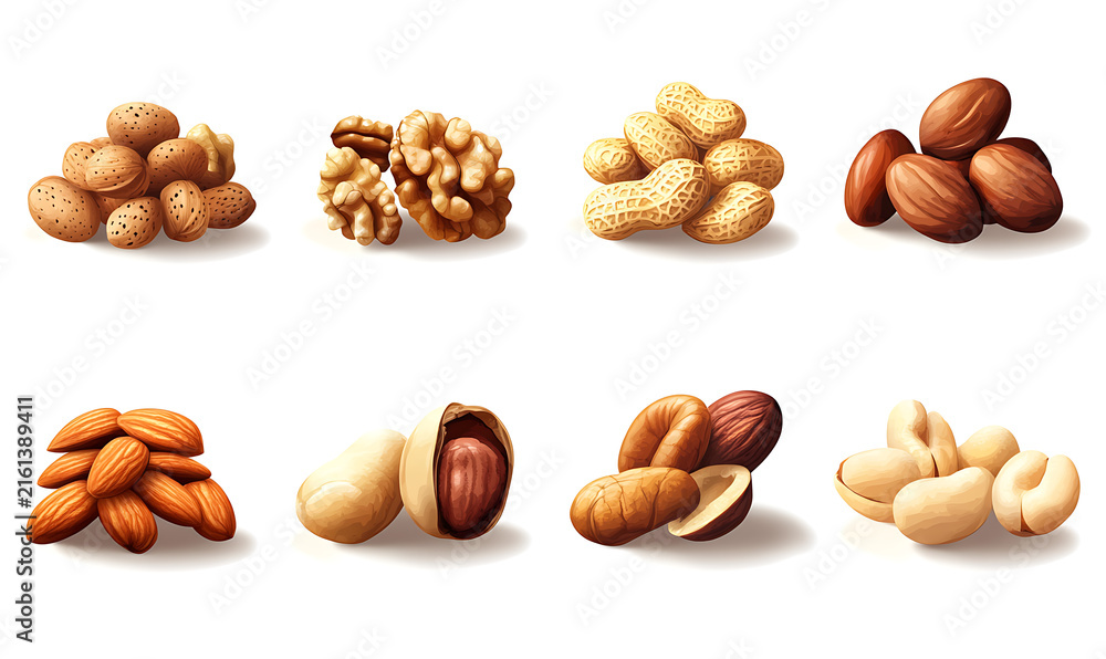 Obraz premium Premium mixed nuts isolated on white background, healthy snack assortment with almonds, cashews, walnuts.