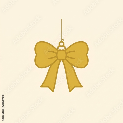 Golden Christmas bow ribbon ornament hanging isolated on plain background vector illustration.