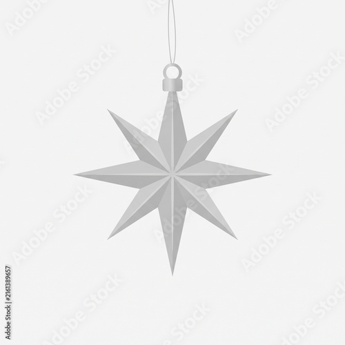 3D silver star Christmas tree ornament hanging isolated on plain background vector illustration.