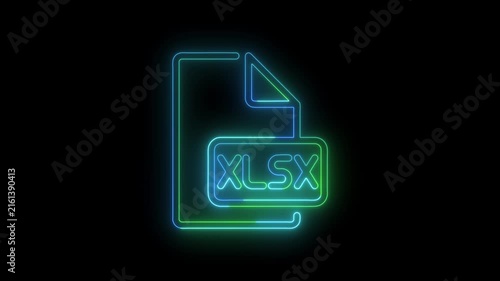 Neon glowing XLSX file icon representing an Excel spreadsheet document on a dark background. Modern digital document, spreadsheet, data management, office software, and file format concept.