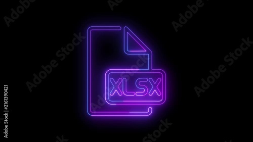 Neon glowing XLSX file icon representing an Excel spreadsheet document on a dark background. Modern digital document, spreadsheet, data management, office software, and file format concept.