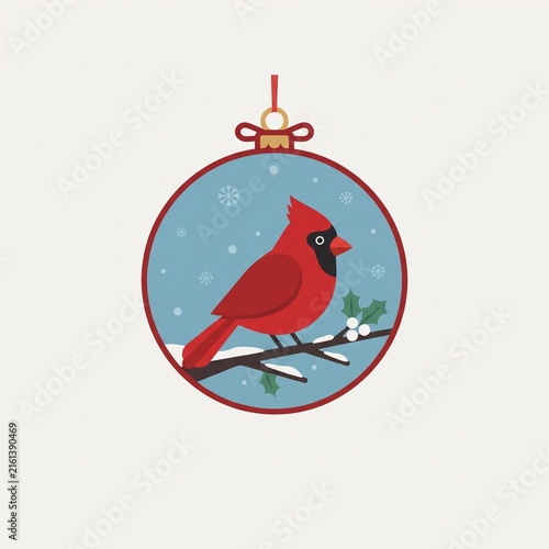 Red cardinal bird on snowy branch inside Christmas bauble ornament vector illustration.