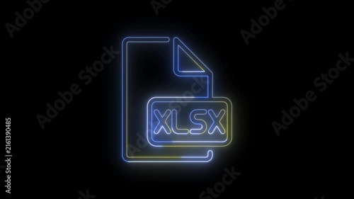 Neon glowing XLSX file icon representing an Excel spreadsheet document on a dark background. Modern digital document, spreadsheet, data management, office software, and file format concept.
