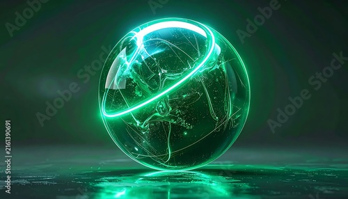 Glass globe with green plant inside on dark background.
