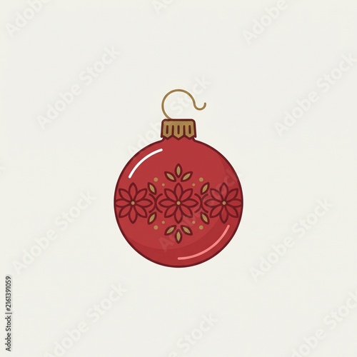 Elegant red Christmas bauble ornament with floral pattern vector illustration. Minimalist holiday hanging decoration icon.