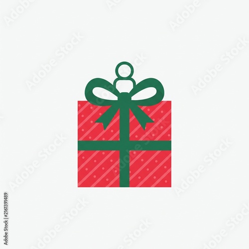 Minimalist red Christmas gift box ornament vector illustration. Festive present icon with green ribbon for holiday designs.