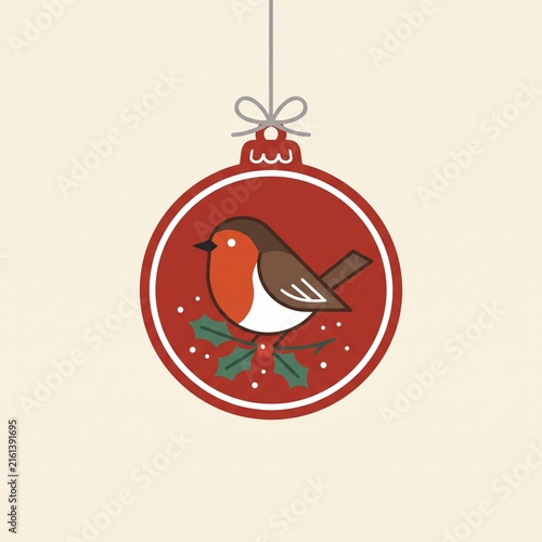Charming robin bird Christmas ornament vector illustration. Red winter bird bauble icon with holly leaves for holiday designs.