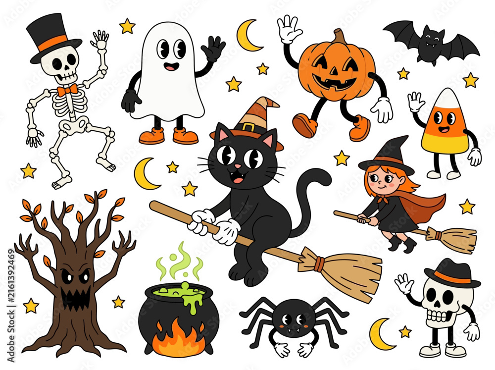 Fototapeta premium Retro Halloween Cartoon Character Vector Set - Vintage Rubber Hose Style Illustration
