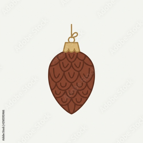 Brown pinecone Christmas ornament vector illustration with gold cap. Minimalist hanging pine cone bauble icon for rustic holiday designs.