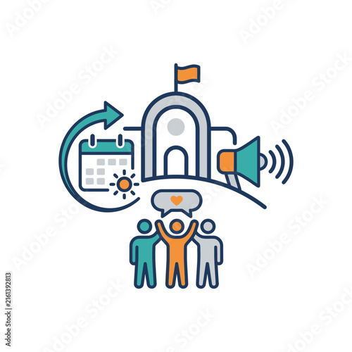Civic engagement and community events with public building and announcement megaphone