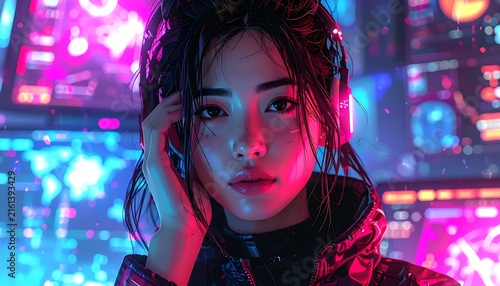 Young woman with purple and pink hair in neon bar.