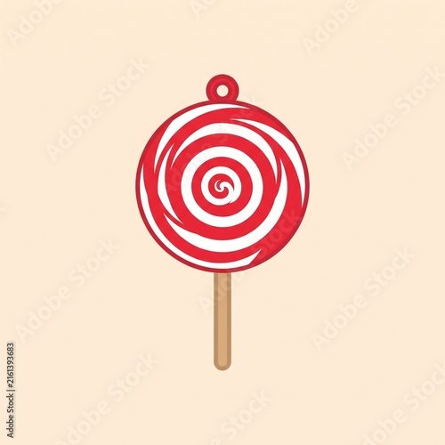 Red and white swirl lollipop Christmas ornament vector illustration. Minimalist hanging candy cane design icon isolated on light background.