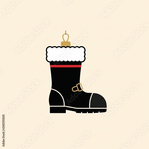 Black Santa Claus boot Christmas ornament vector illustration with white fur trim and buckle. Minimalist hanging boot icon isolated on background.