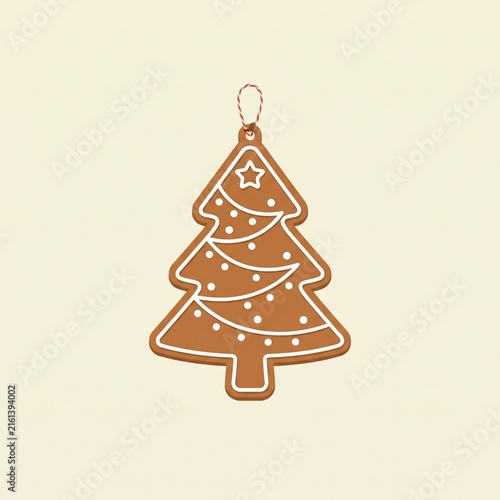 Christmas tree gingerbread cookie ornament vector illustration with white icing and star. Sweet hanging holiday decoration icon on background.
