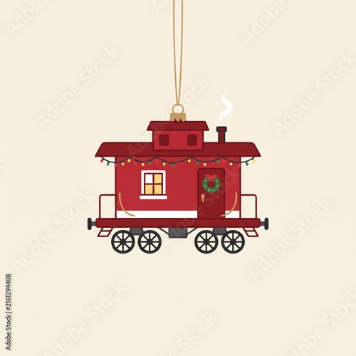 Red toy train caboose Christmas ornament vector illustration with festive lights and wreath. Vintage hanging holiday carriage icon on background.