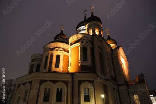 Low angle view of illuminated Alexander Nevsky Cathedral with onion domes at night in Tallinn, Estonia