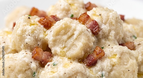 Bryndzové Halušky Dumpling and Sheep Cheese Texture with Crispy Bacon in Ultra Macro