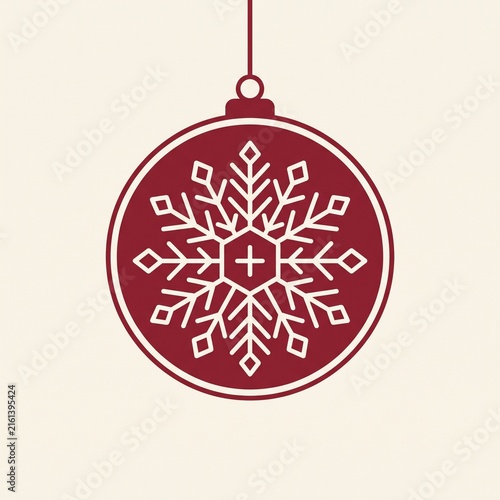 Red Christmas bauble ornament vector illustration with white Nordic geometric snowflake pattern. Hanging holiday icon on light background.