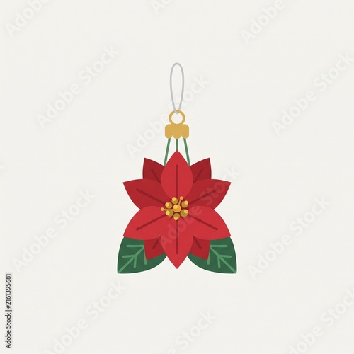 Red poinsettia flower Christmas ornament vector illustration with green leaves. Festive hanging botanical holiday icon isolated on background.