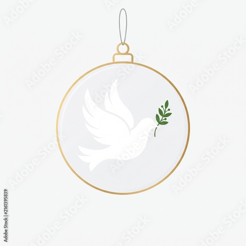 White peace dove with green olive branch inside glass Christmas bauble ornament vector illustration. Minimalist hanging holiday icon isolated on light background.