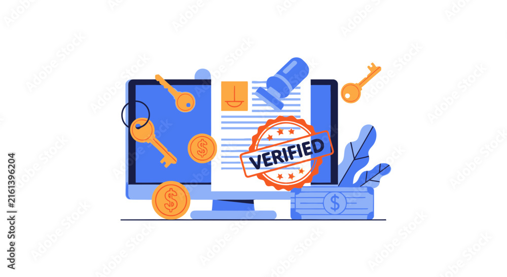 Fototapeta premium Digital Document Verification and Financial Security Illustration with Verified Stamp