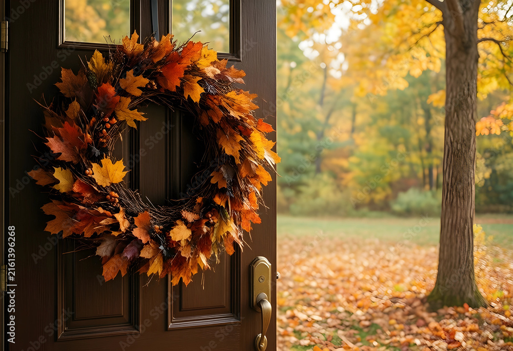 Naklejka premium Autumn season welcome, fall wreath on open front door with colorful leaves and outdoor nature background