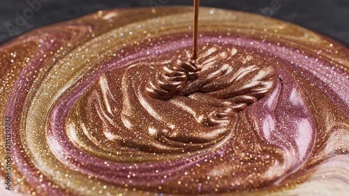 A close-up of swirling gold pink glittery marbled paint forming a hypnotic spiral pattern