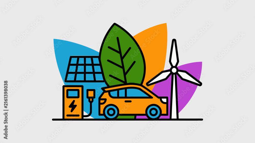 Fototapeta premium Sustainable green energy concept vector. Electric car at charging station with solar panels and wind turbine. Eco friendly transport illustration.
