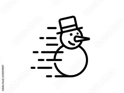A smiling snowman with a hat moves fast through the snow with blurred motion lines