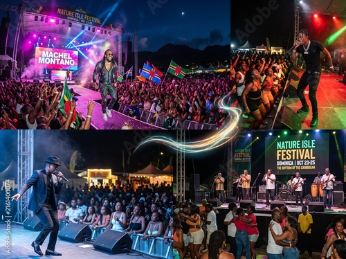 Collage of live musical performances and crowds at the Nature Isle Festival in Dominica.