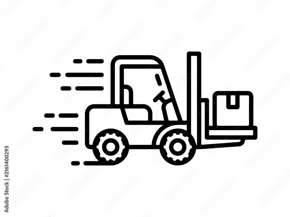 Naklejka premium A forklift transports a box with speed and motion lines during the day