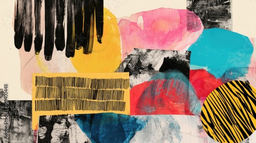 Vibrant abstract collage with bold brushstrokes and textured shapes