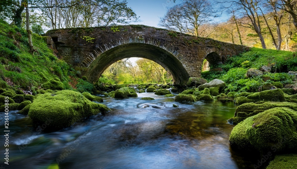 Fototapeta premium serene stream flowing over bright green mossy rocks under an old stone bridge