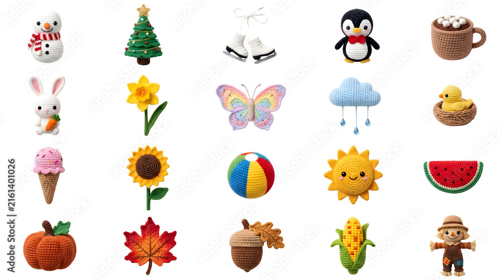 Fototapeta premium Cute seasonal objects collection representing winter, spring, summer, and autumn, isolated on white background