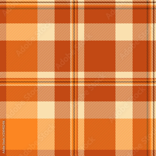 Abstract plaid tartan fabric, store texture check textile. Poncho pattern vector background seamless in orange and wheat colors.