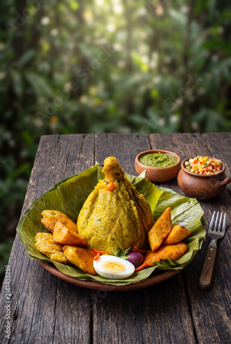 Peruvian Juane on rustic table in tropical background featuring patcones and cocona sauce