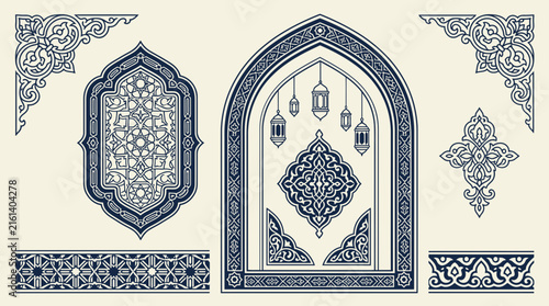 Islamic Geometric Patterns, Ornaments, Arches, and Borders Vector Set